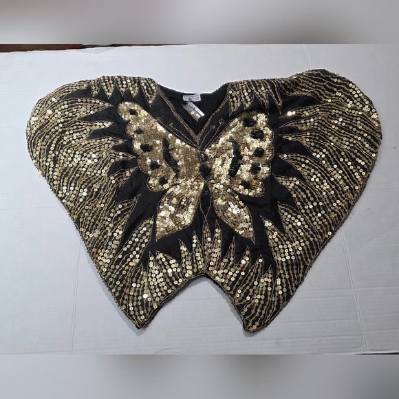 Vintage 70's Sequins Butterfly Retro Disco Womans M 100% Silk Beads Gold Black - Picture 5 of 11